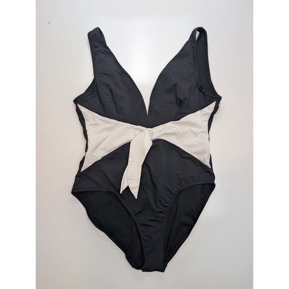 Women's Size Large 12/14 Black Time & Tru One-Piece Swim Suit White Bow - Picture 1 of 5